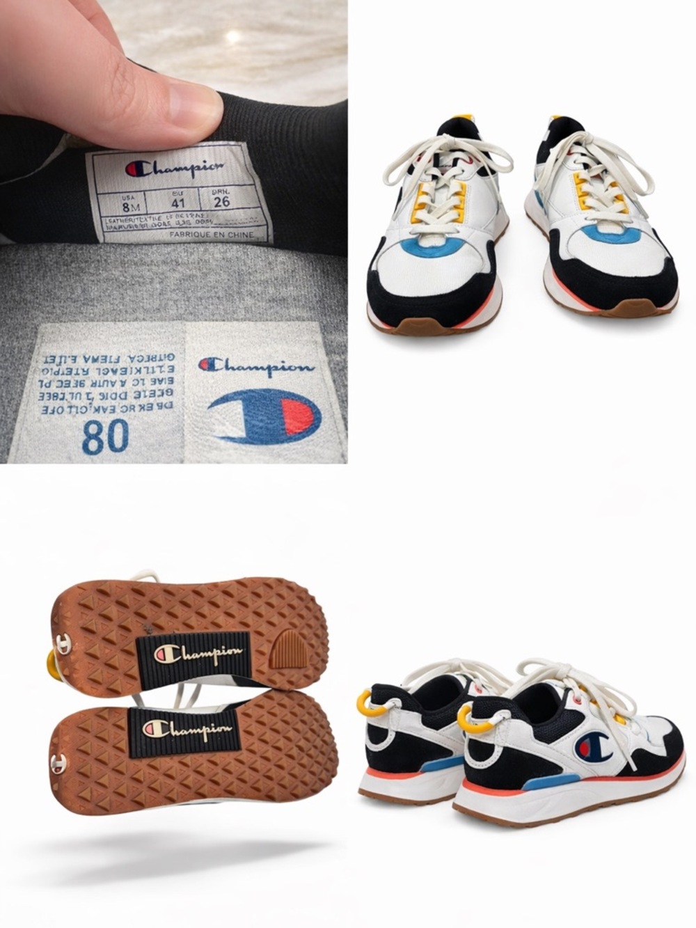 Champion White Black Retro Runner Sneakers with Blue and Yellow Accents